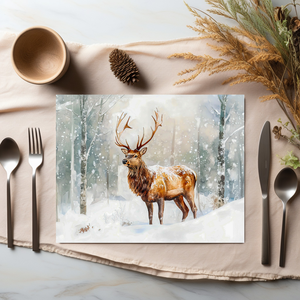 raxxa Premium-Tischset: Deer in winter forest with snow watercolor painting – Bild 3