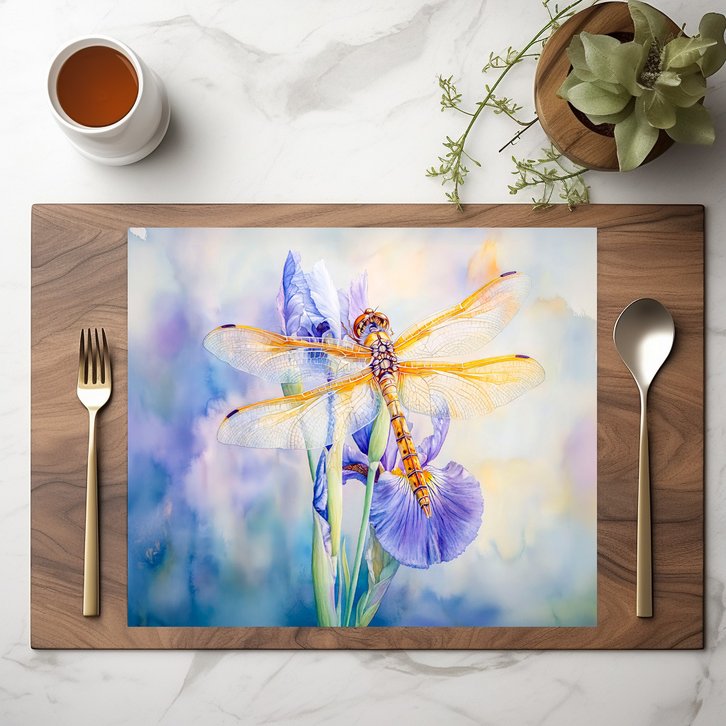 raxxa Premium-Tischset: Dragonfly resting on a lily watercolor painting