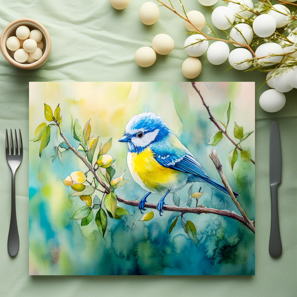 raxxa Premium-Tischset: Blue tit on a branch watercolor painting
