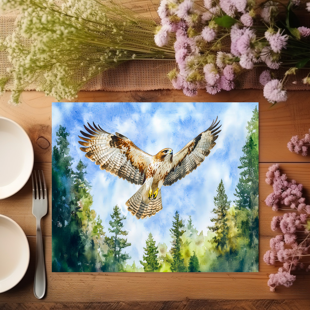 raxxa Premium-Tischset: Buzzard flying over a pine forest watercolor painting