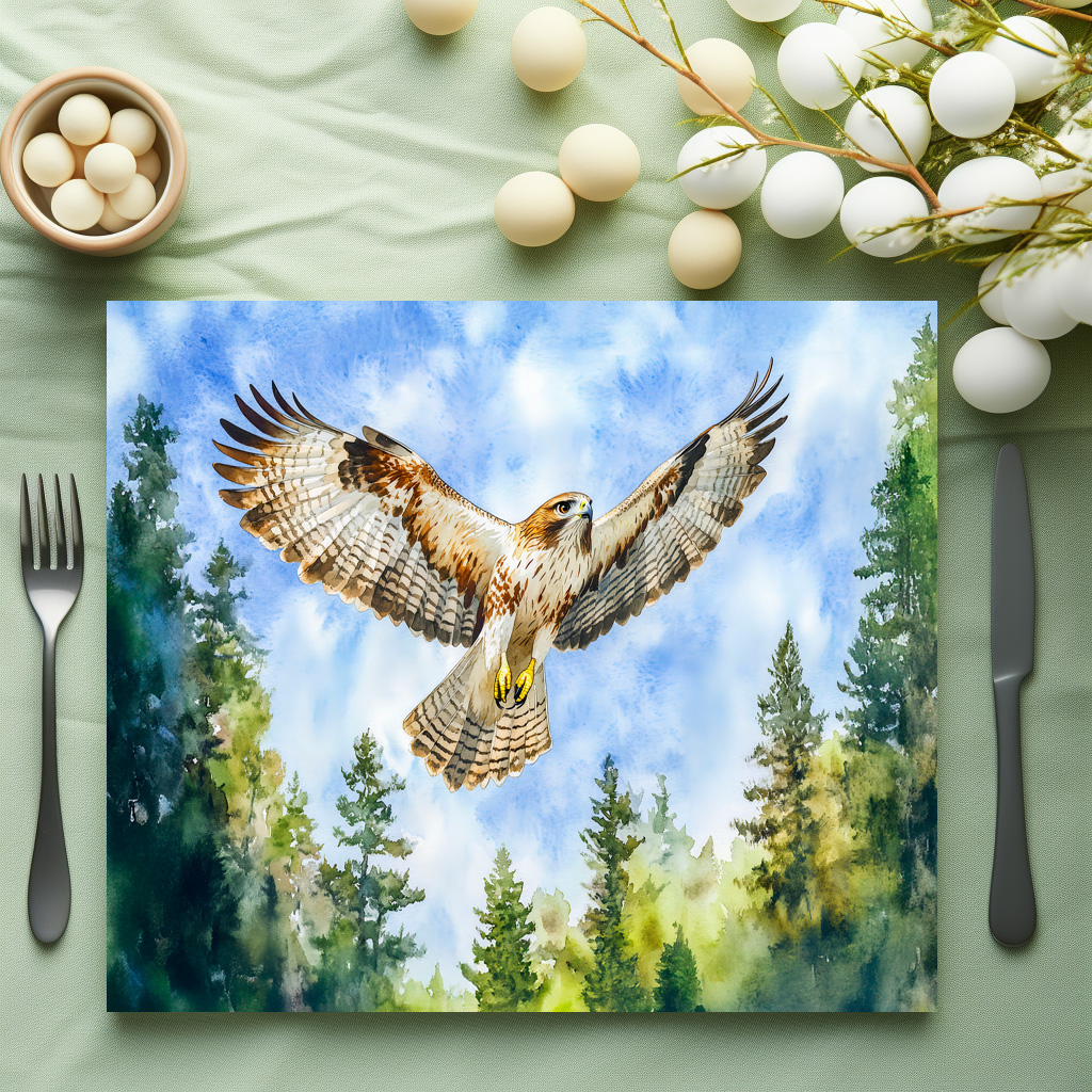 raxxa Premium-Tischset: Buzzard flying over a pine forest watercolor painting - Image 2