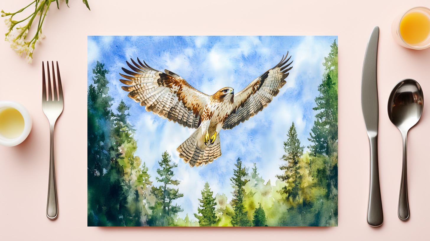 raxxa Premium-Tischset: Buzzard flying over a pine forest watercolor painting - Image 3