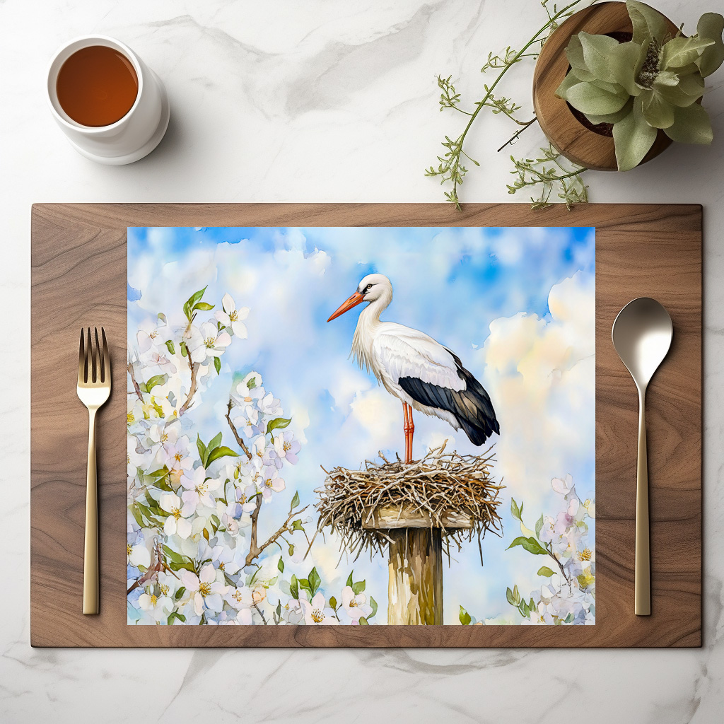 raxxa Premium-Tischset: White stork on a nest in spring watercolor painting