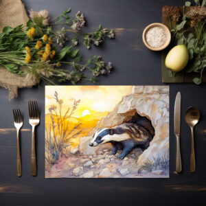 raxxa Premium-Tischset: Badger emerging from a burrow at sunrise watercolor painting
