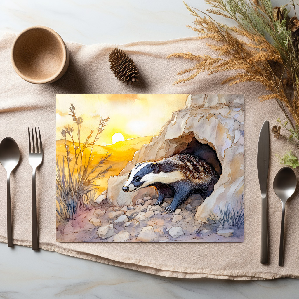 raxxa Premium-Tischset: Badger emerging from a burrow at sunrise watercolor painting - immagine 2