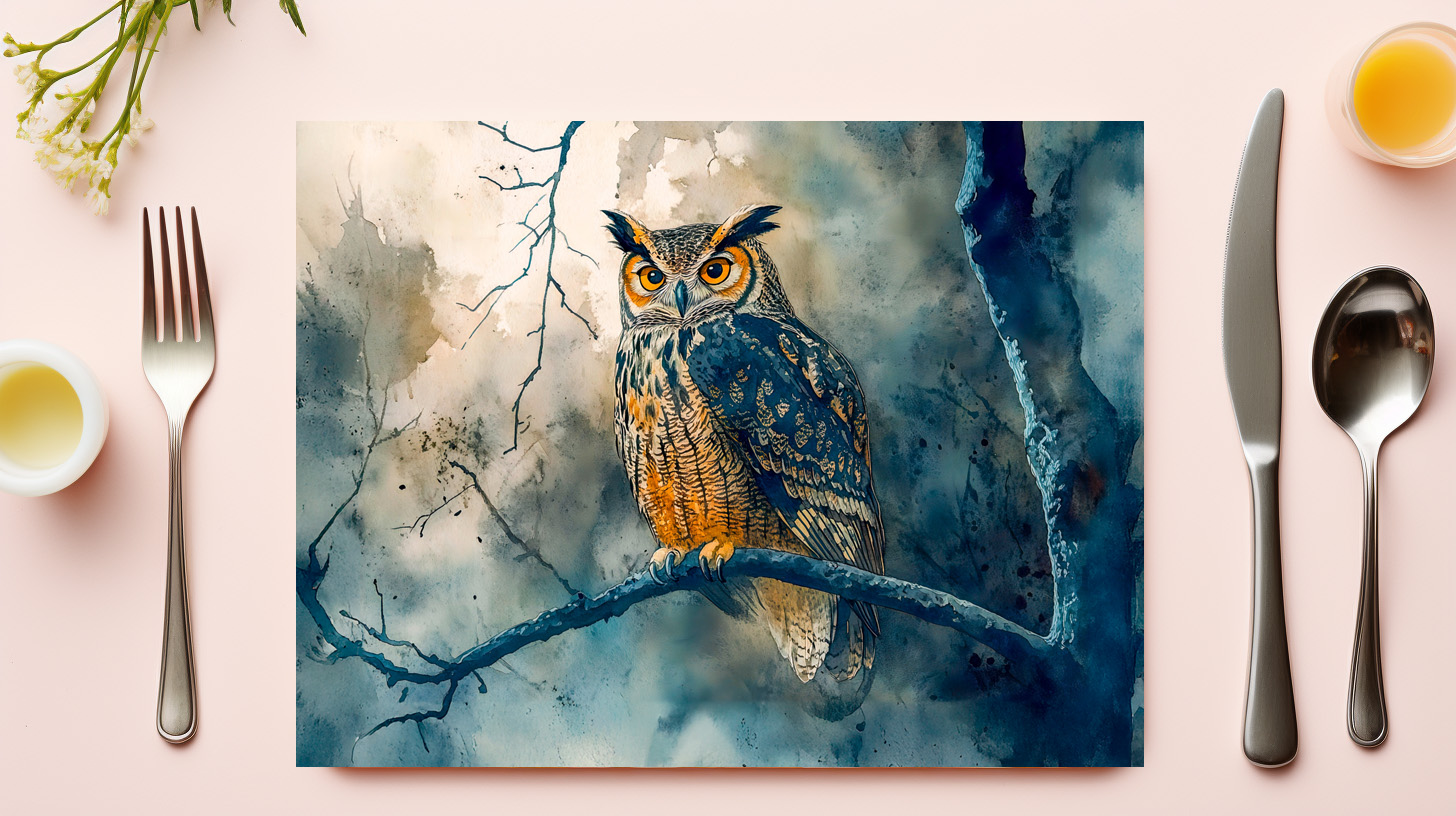 raxxa Premium-Tischset: Owl at night sitting on a branch watercolor painting – Bild 3