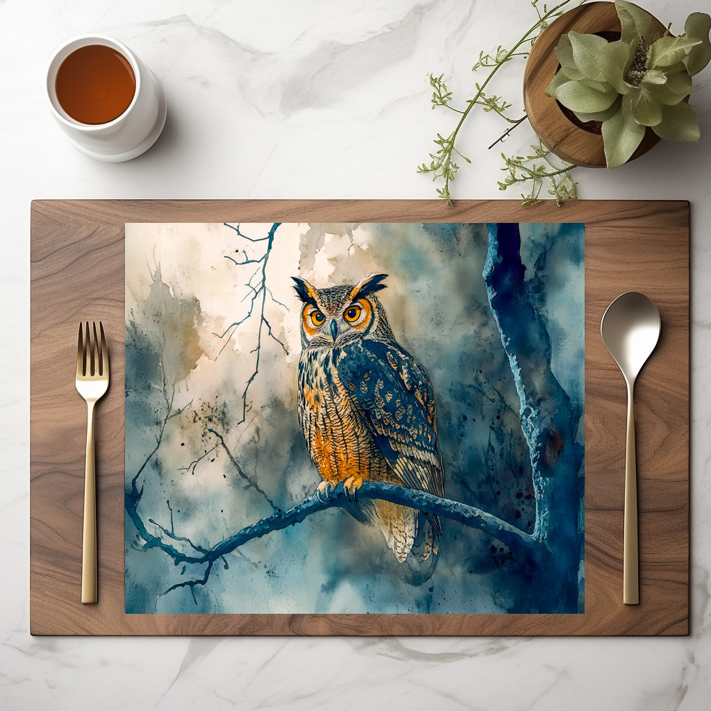 raxxa Premium-Tischset: Owl at night sitting on a branch watercolor painting – Bild 2