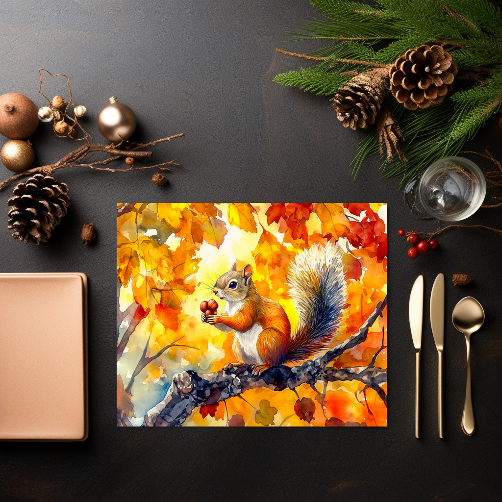 raxxa Premium-Tischset: Squirrel eating a nut in a colorful autumn tree watercolor painting – Image 3