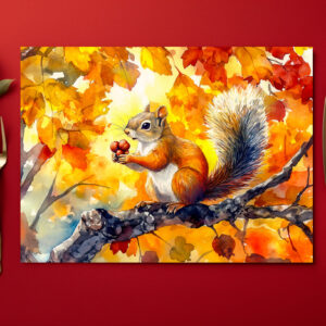 raxxa Premium-Tischset: Squirrel eating a nut in a colorful autumn tree watercolor painting