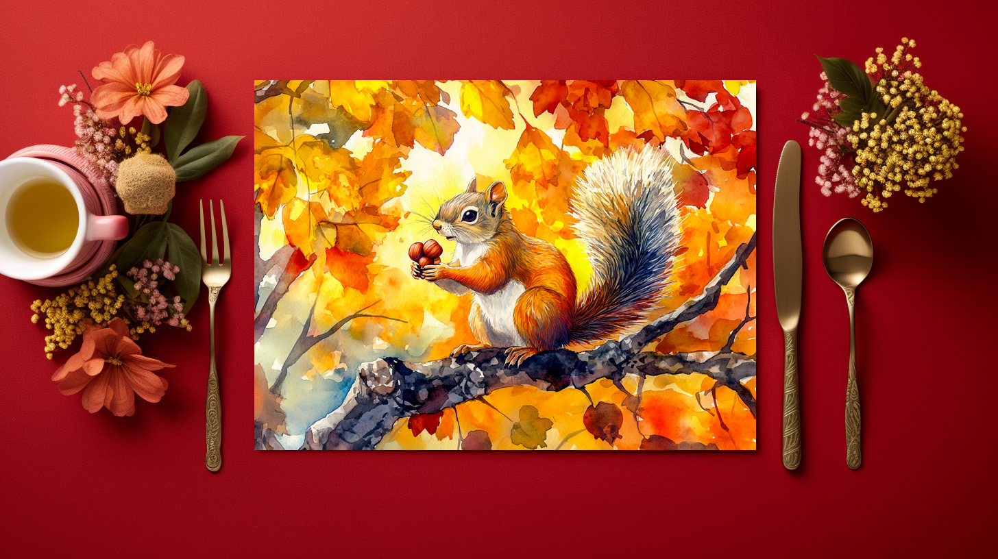 raxxa Premium-Tischset: Squirrel eating a nut in a colorful autumn tree watercolor painting
