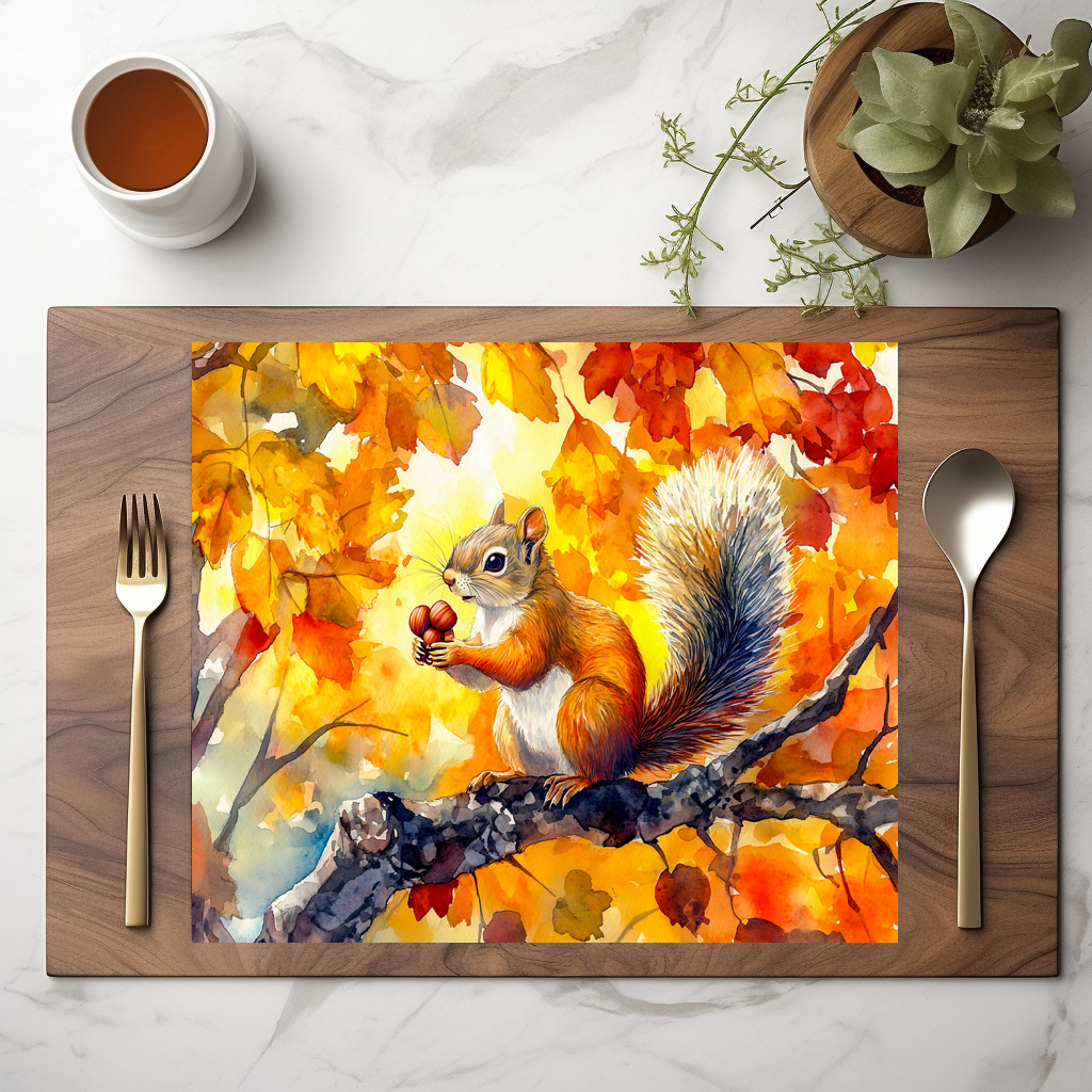 raxxa Premium-Tischset: Squirrel eating a nut in a colorful autumn tree watercolor painting – Image 2