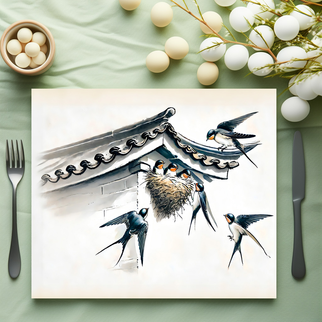 raxxa Premium-Tischset: Swallows Feeding Young in Nest in Chinese Ink Painting - immagine 2