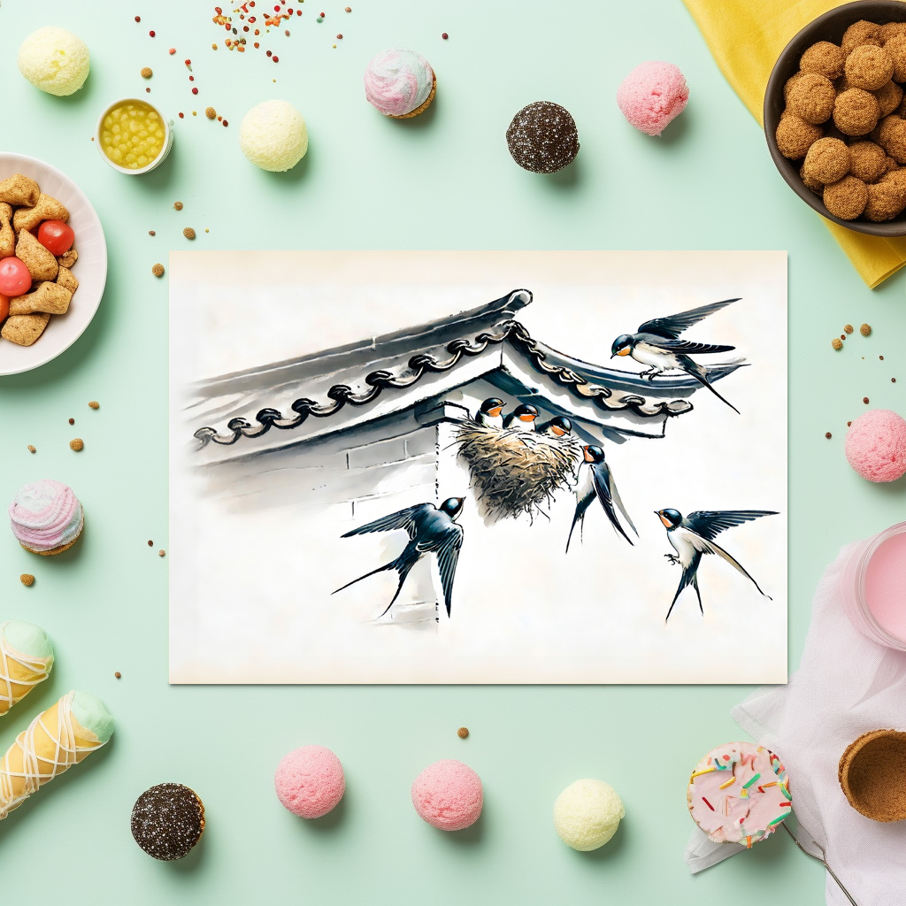 raxxa Premium-Tischset: Swallows Feeding Young in Nest in Chinese Ink Painting - immagine 3
