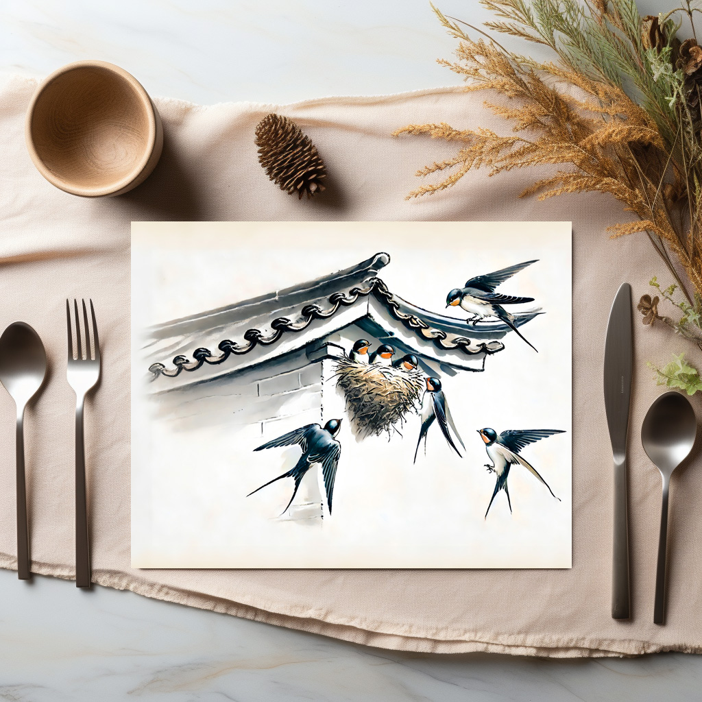 raxxa Premium-Tischset: Swallows Feeding Young in Nest in Chinese Ink Painting