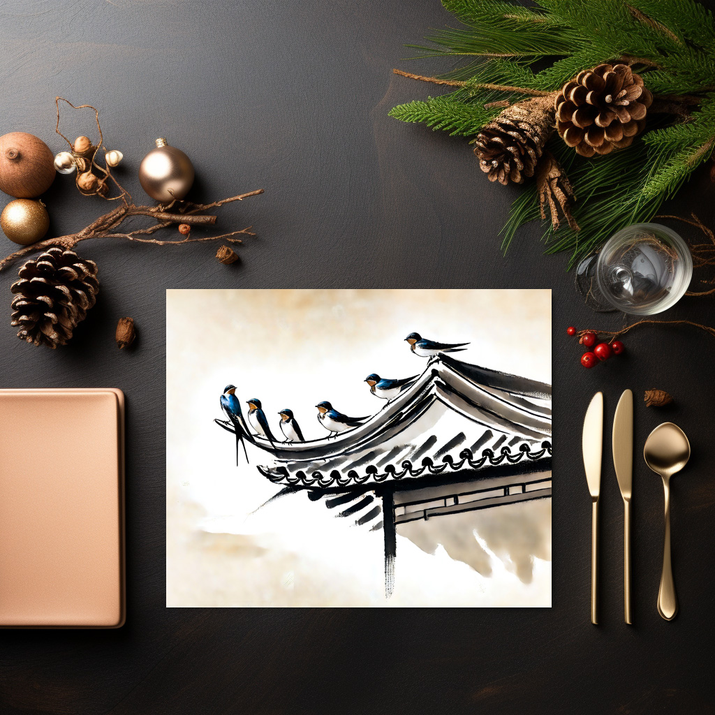 raxxa Premium-Tischset: Swallows Resting on the Roof of a Chinese Temple in Ink Painting – Bild 3
