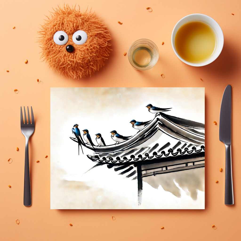 raxxa Premium-Tischset: Swallows Resting on the Roof of a Chinese Temple in Ink Painting