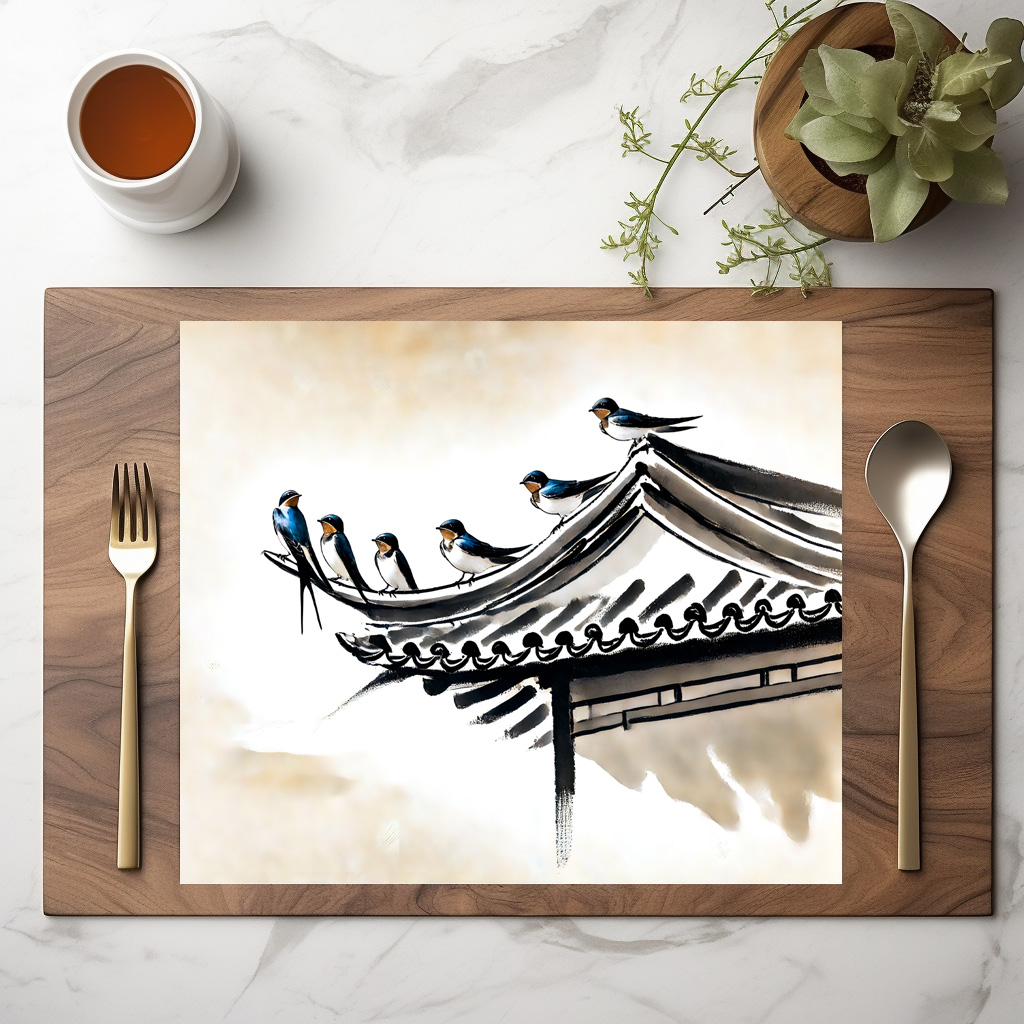 raxxa Premium-Tischset: Swallows Resting on the Roof of a Chinese Temple in Ink Painting – Bild 2