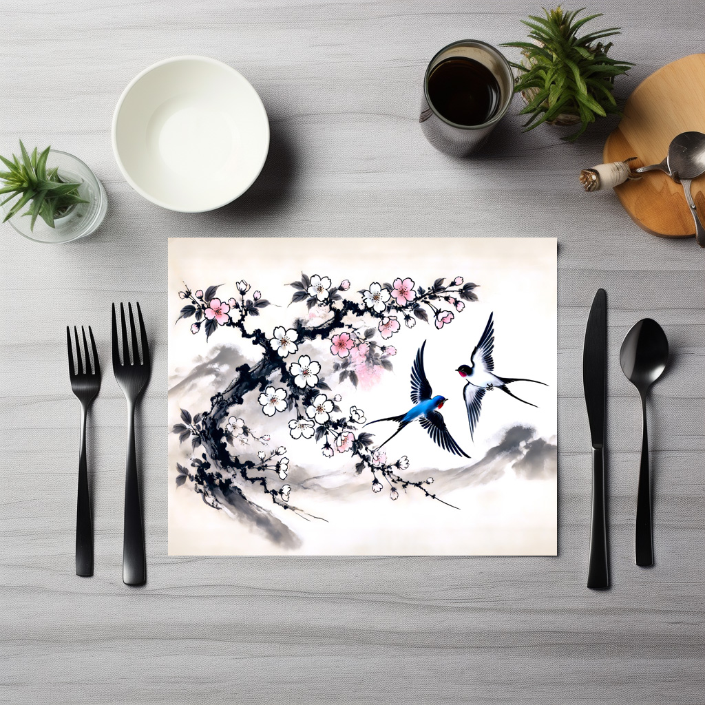 raxxa Premium-Tischset: Swallows Soaring Through the Sky in Chinese Ink Painting