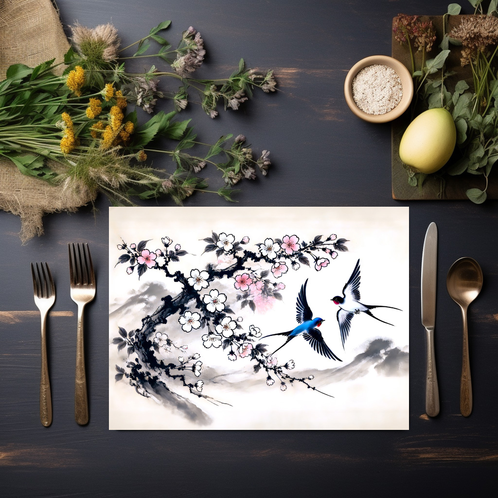 raxxa Premium-Tischset: Swallows Soaring Through the Sky in Chinese Ink Painting - immagine 2