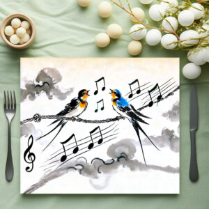 raxxa Premium-Tischset: Two Swallows Singing on a Power Line in Chinese Ink Painting