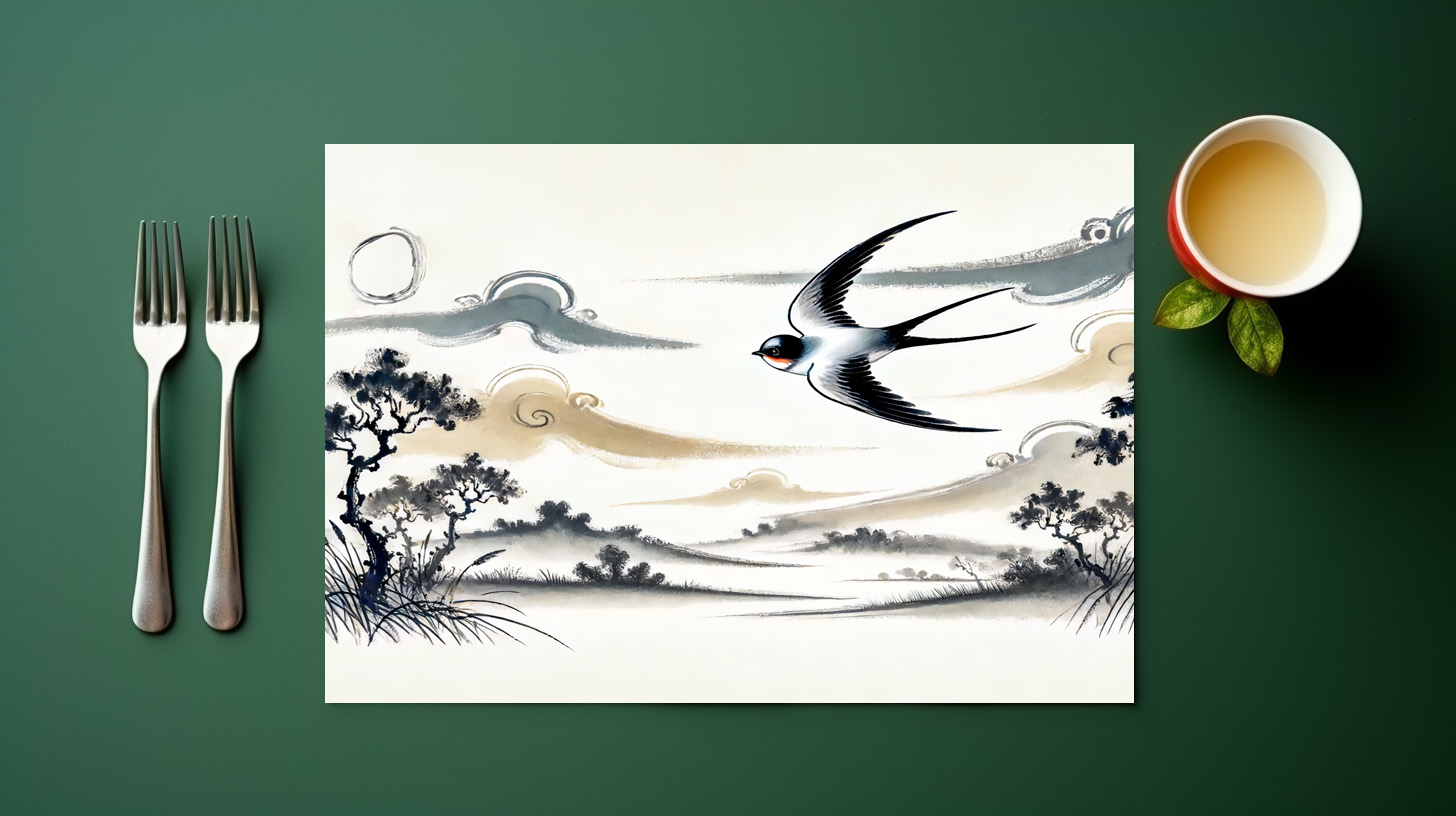 raxxa Premium-Tischset: Group of Swallows Soaring Through the Sky in Chinese Ink Painting
