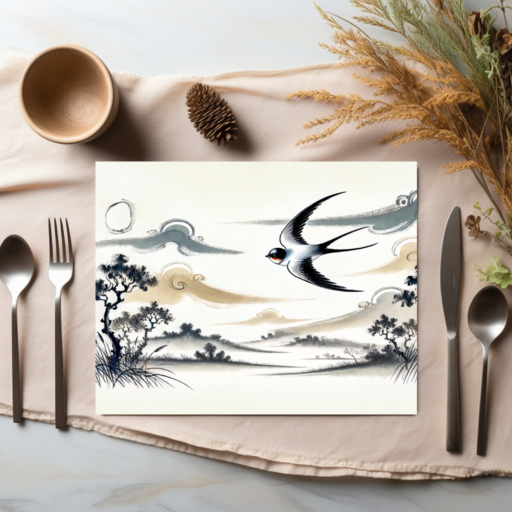 raxxa Premium-Tischset: Group of Swallows Soaring Through the Sky in Chinese Ink Painting – Bild 2