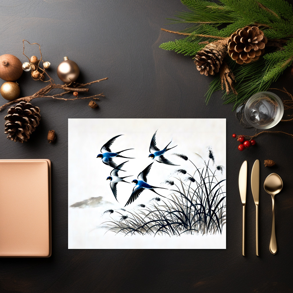 raxxa Premium-Tischset: Group of Swallows Soaring Through the Sky in Chinese Ink Painting – Image 2