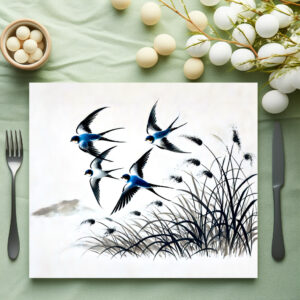 raxxa Premium-Tischset: Group of Swallows Soaring Through the Sky in Chinese Ink Painting