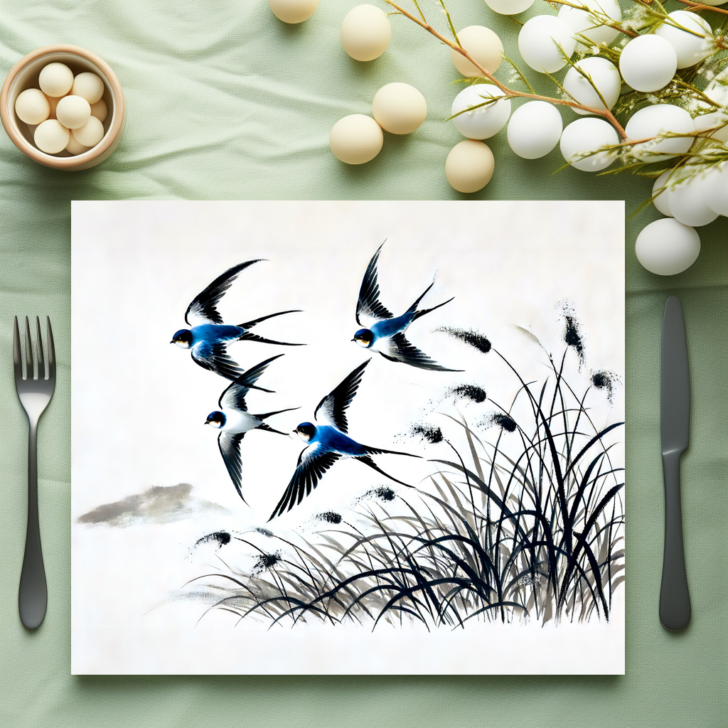raxxa Premium-Tischset: Group of Swallows Soaring Through the Sky in Chinese Ink Painting