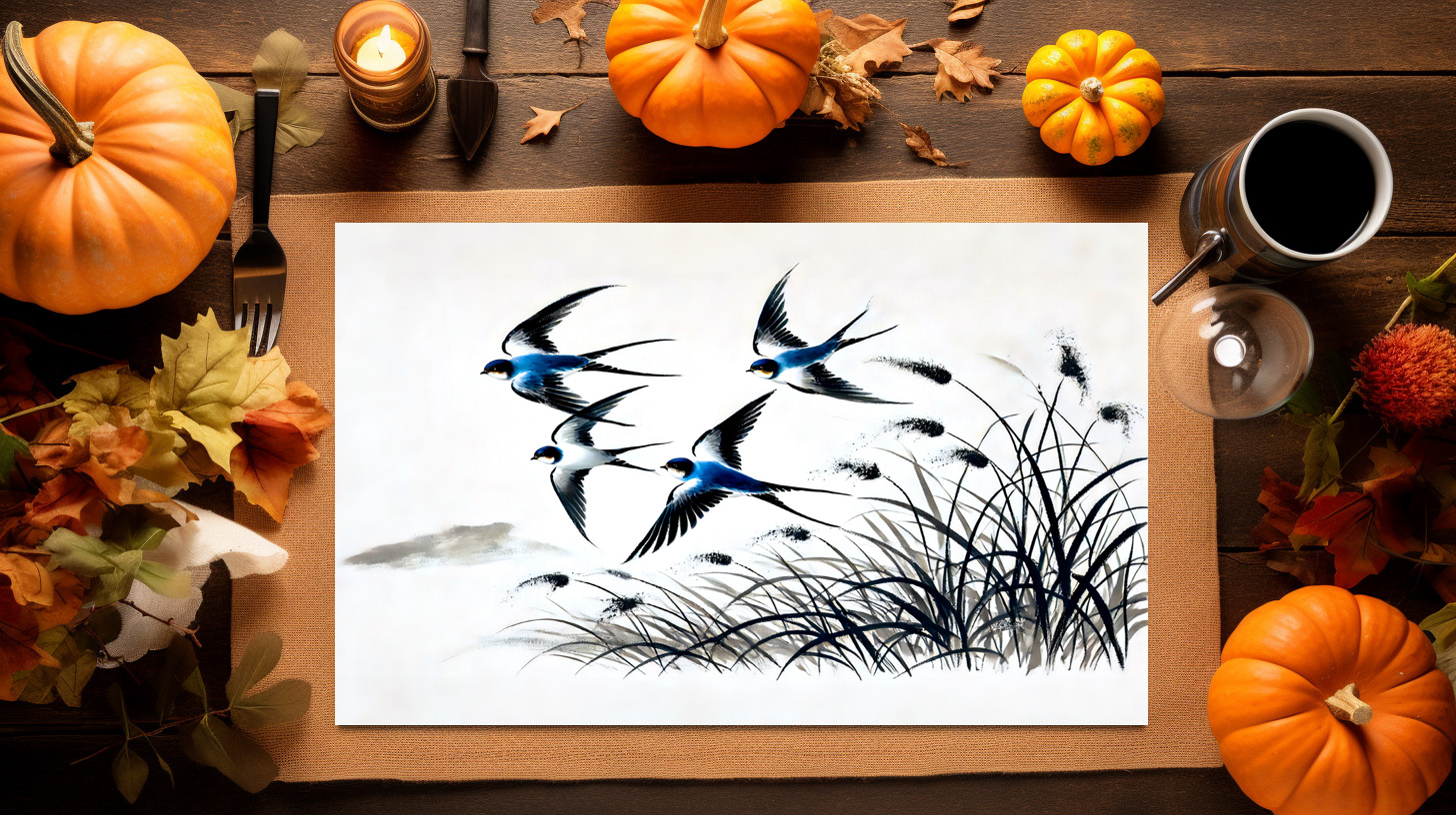 raxxa Premium-Tischset: Group of Swallows Soaring Through the Sky in Chinese Ink Painting – Image 3
