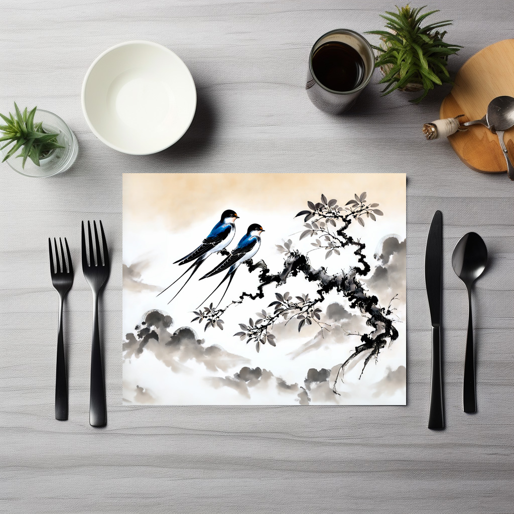 raxxa Premium-Tischset: Swallows Perched on a Branch in Chinese Ink Painting