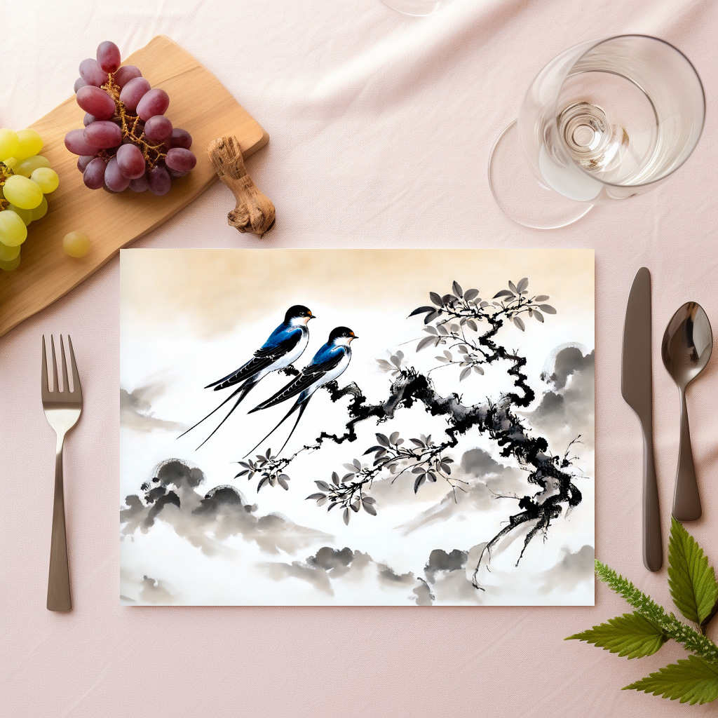 raxxa Premium-Tischset: Swallows Perched on a Branch in Chinese Ink Painting – Bild 2