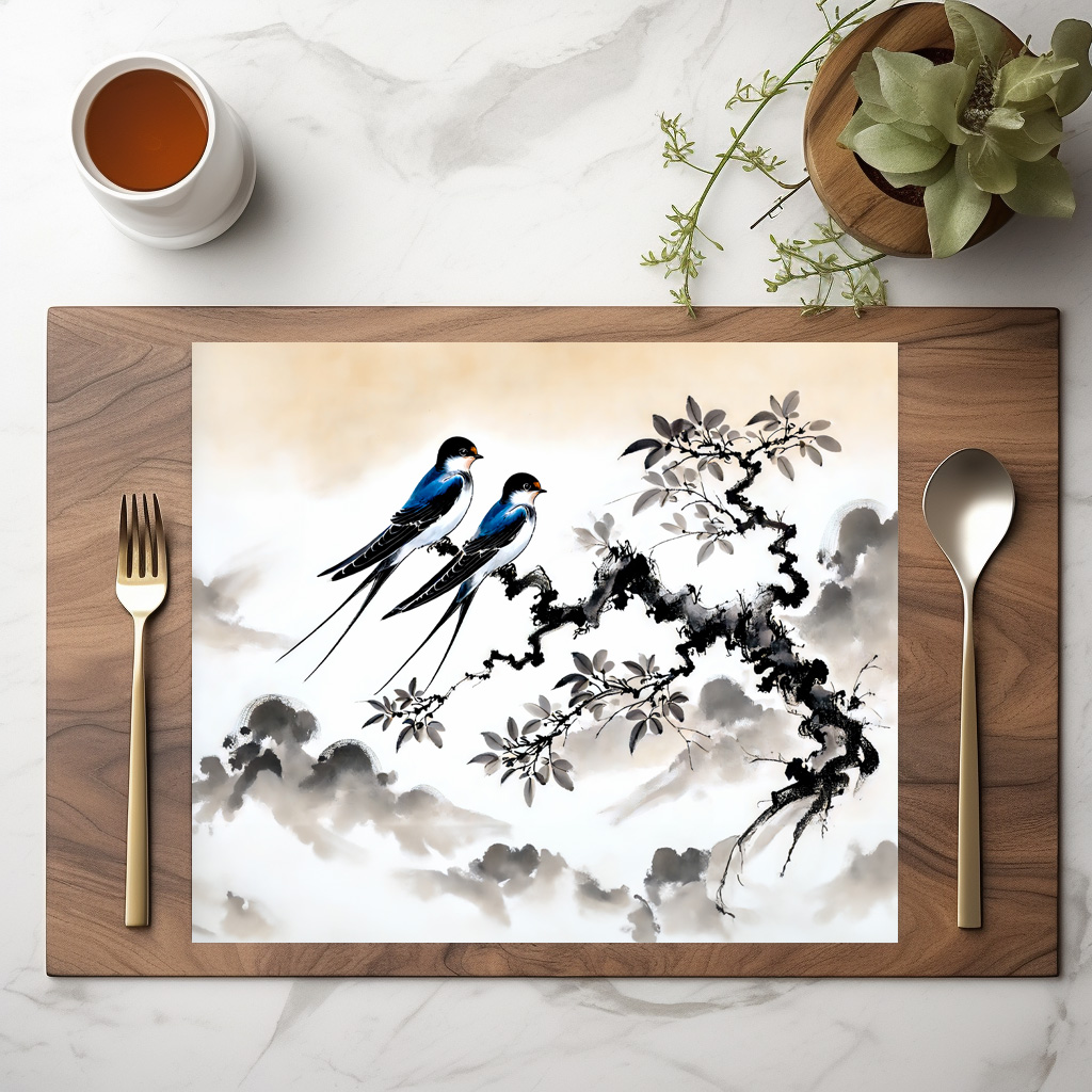 raxxa Premium-Tischset: Swallows Perched on a Branch in Chinese Ink Painting – Bild 3
