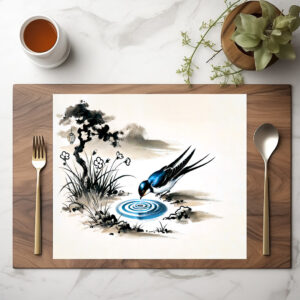 raxxa Premium-Tischset: Swallow Drinking Water in a Stream in Chinese Ink Painting