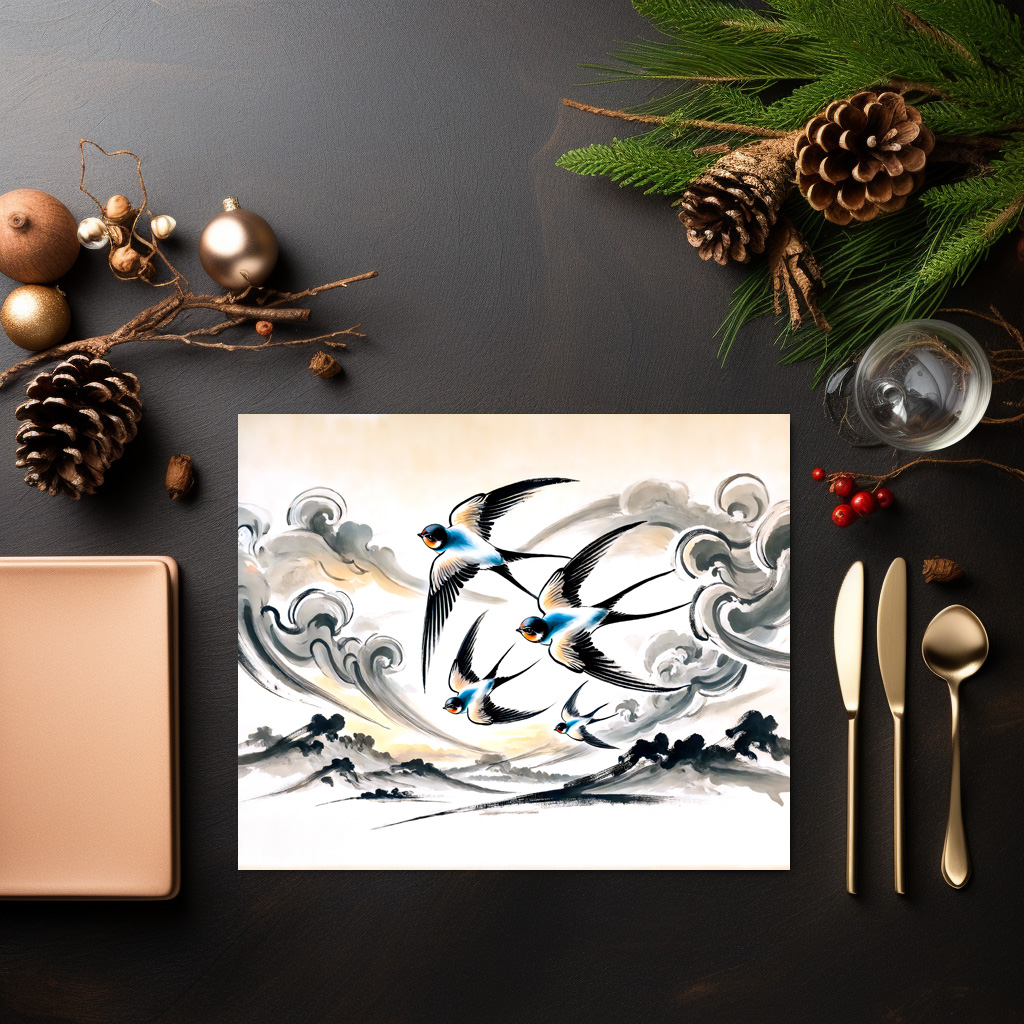 raxxa Premium-Tischset: Swallows Soaring Through the Sky in Chinese Ink Painting – Image 2
