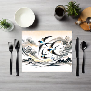 raxxa Premium-Tischset: Swallows Soaring Through the Sky in Chinese Ink Painting