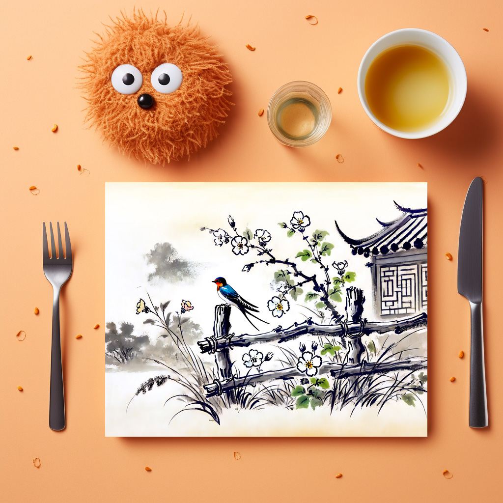 raxxa Premium-Tischset: Swallow Perched on a Fence in Chinese Ink Painting