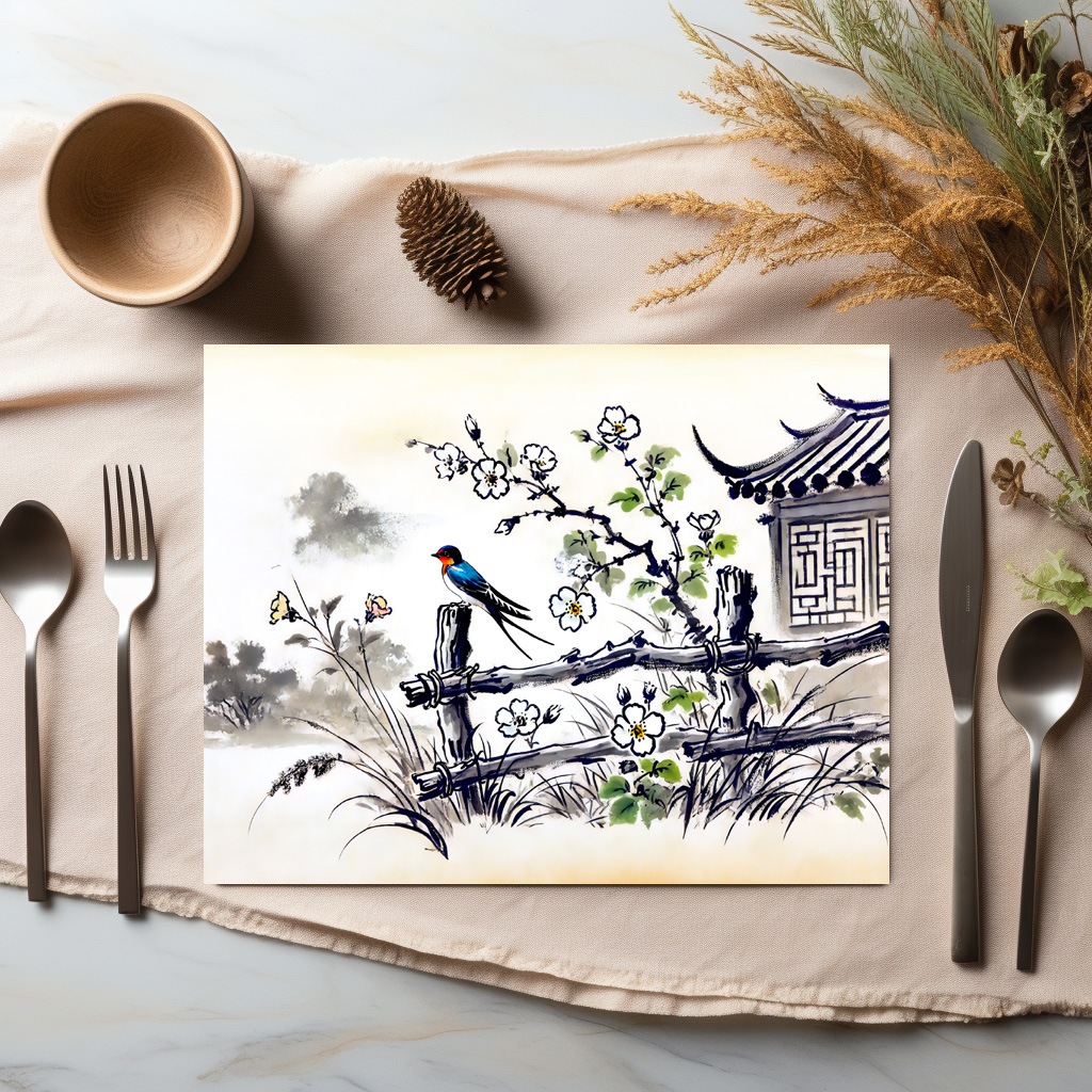 raxxa Premium-Tischset: Swallow Perched on a Fence in Chinese Ink Painting - immagine 2