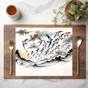 raxxa Premium-Tischset: Swallows Soaring Through the Sky in Chinese Ink Painting