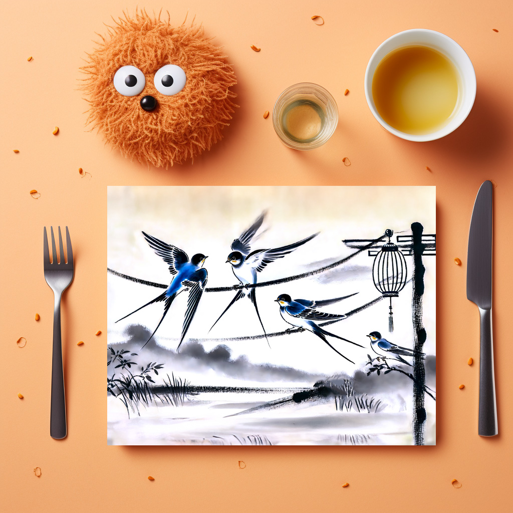 raxxa Premium-Tischset: Group of Swallows Gathering on a Power Line in Chinese Ink Painting – Bild 3