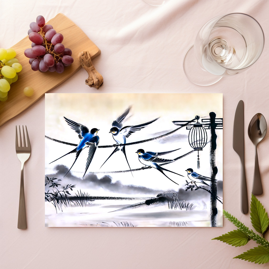 raxxa Premium-Tischset: Group of Swallows Gathering on a Power Line in Chinese Ink Painting