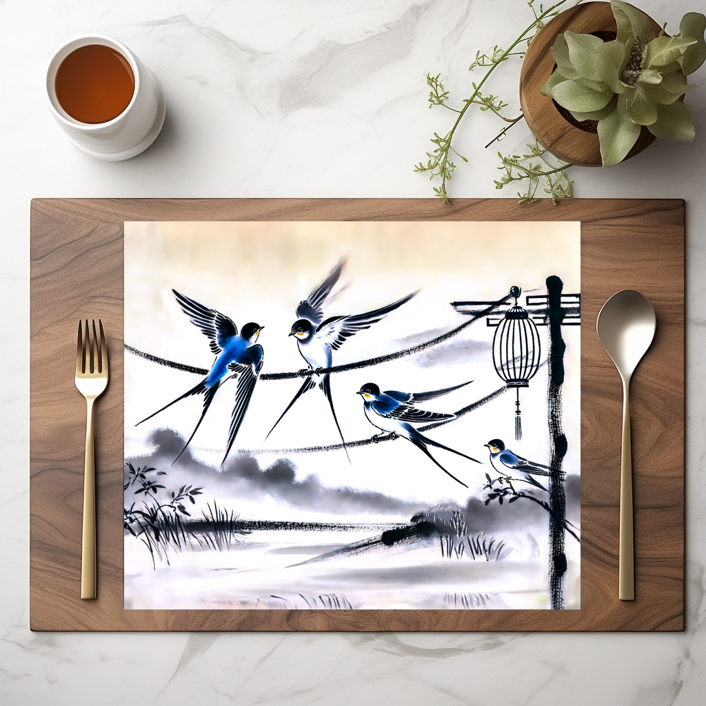 raxxa Premium-Tischset: Group of Swallows Gathering on a Power Line in Chinese Ink Painting – Bild 2