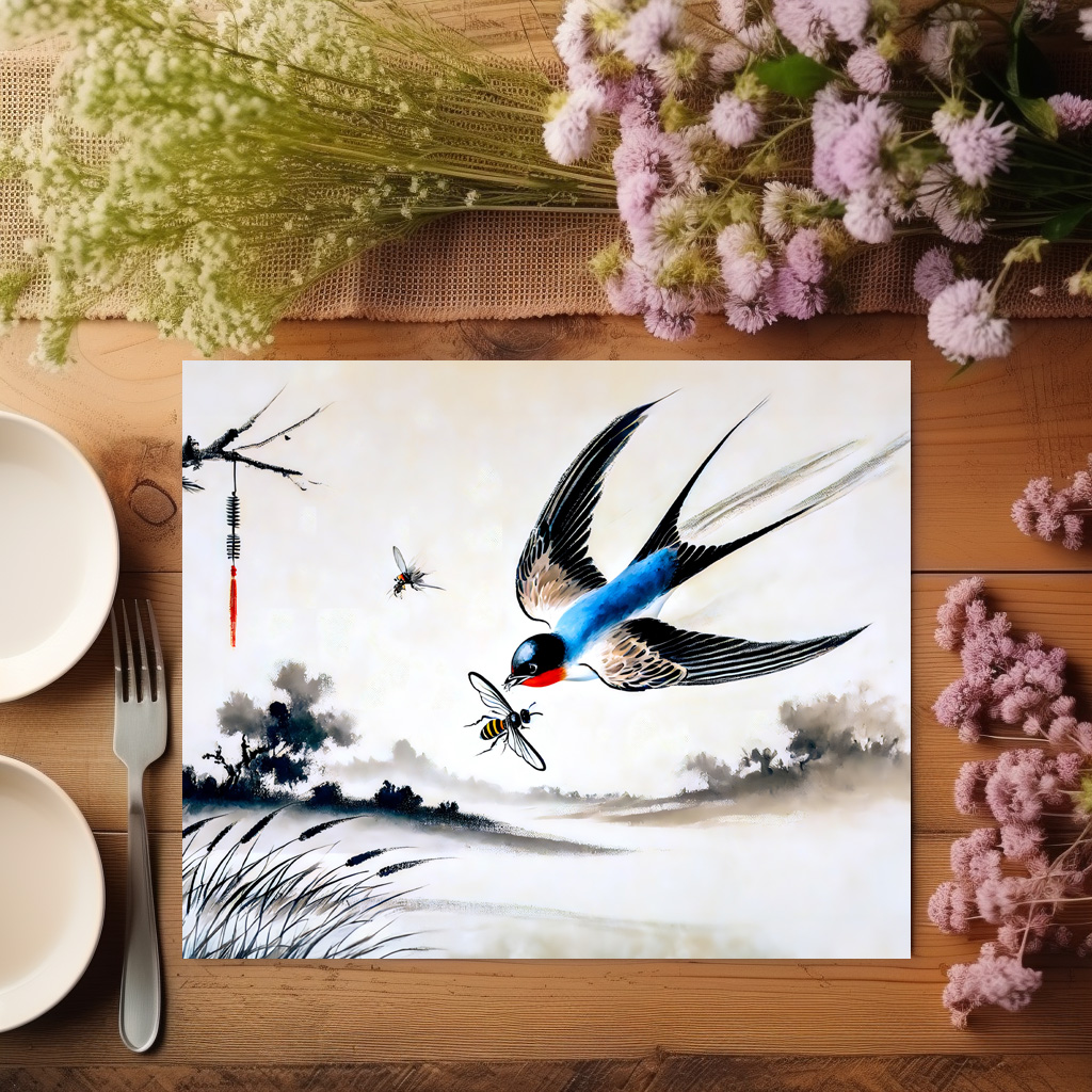raxxa Premium-Tischset: Swallow Catching an Insect in Mid-Air in Chinese Ink Painting - immagine 3