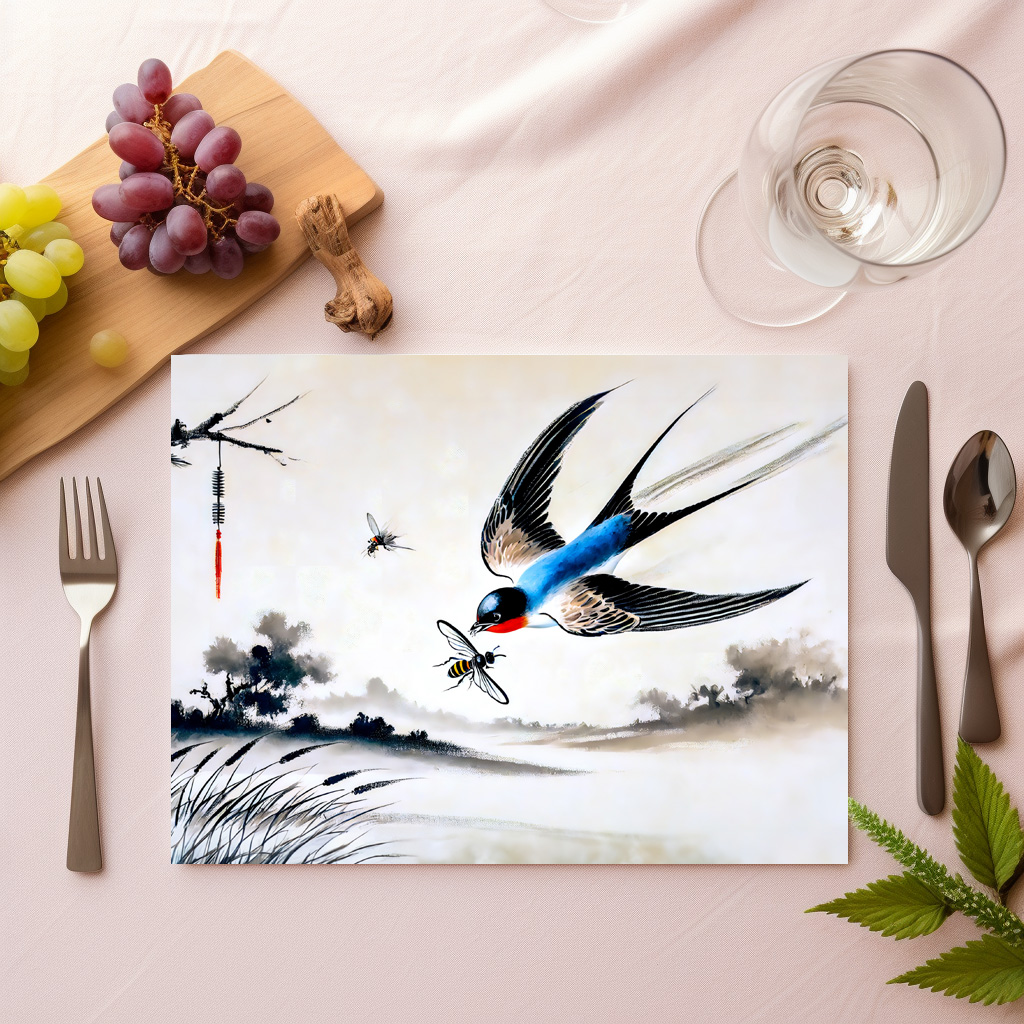 raxxa Premium-Tischset: Swallow Catching an Insect in Mid-Air in Chinese Ink Painting - immagine 2