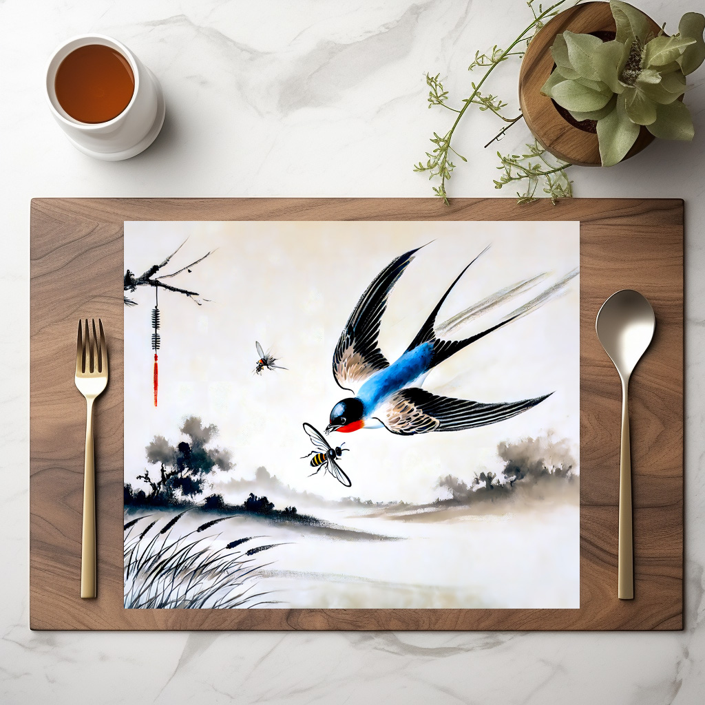 raxxa Premium-Tischset: Swallow Catching an Insect in Mid-Air in Chinese Ink Painting
