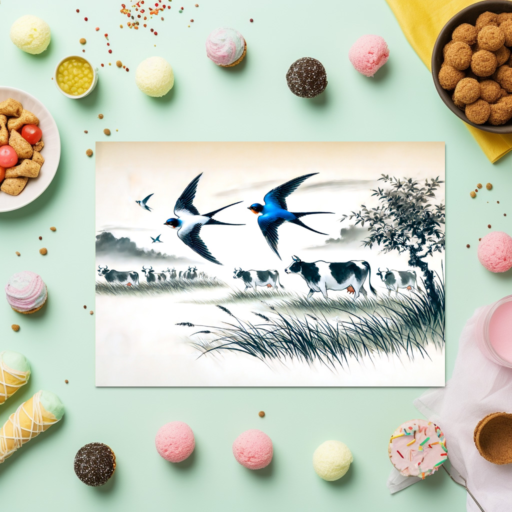 raxxa Premium-Tischset: Swallows Flying Over a Cattle Field in Chinese Ink Painting - Image 3