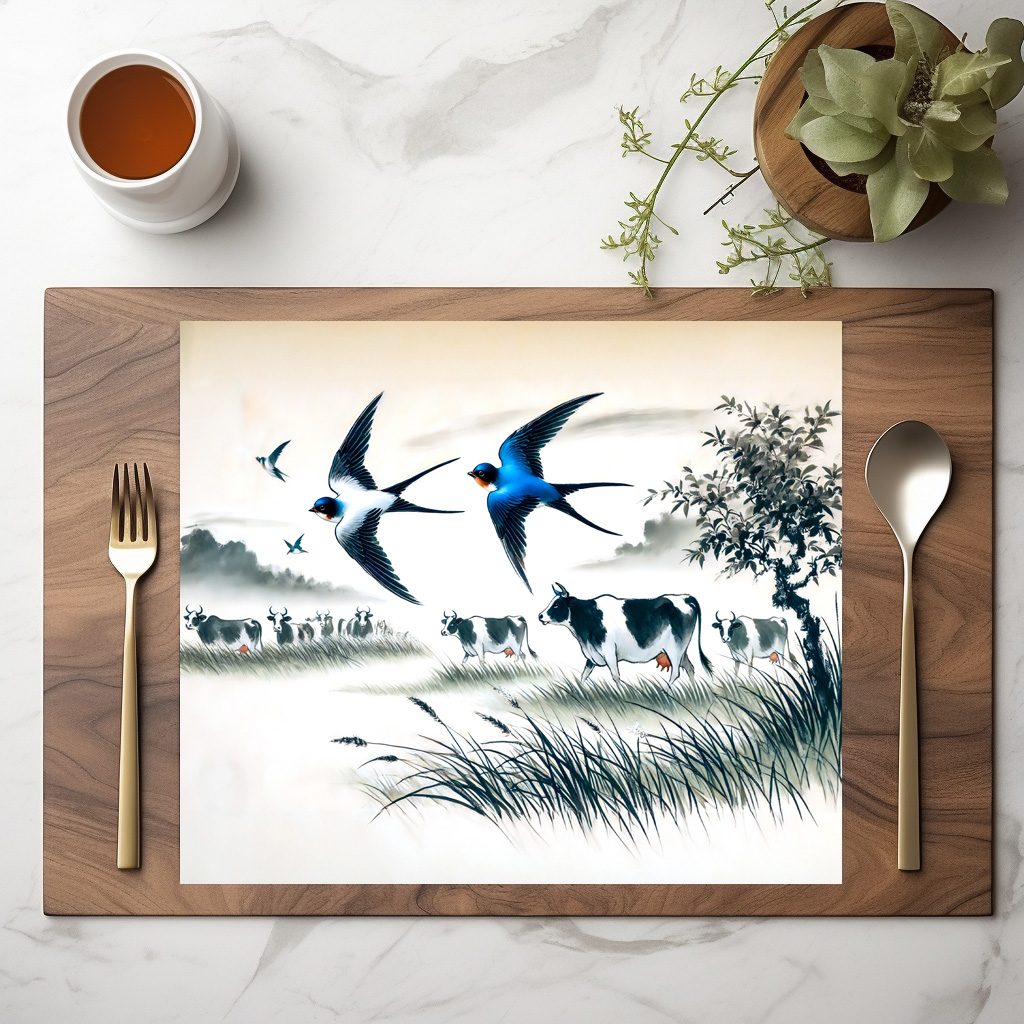 raxxa Premium-Tischset: Swallows Flying Over a Cattle Field in Chinese Ink Painting - Image 2