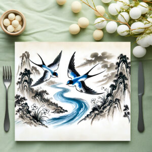 raxxa Premium-Tischset: Swallows Soaring Through the Sky in Chinese Ink Painting