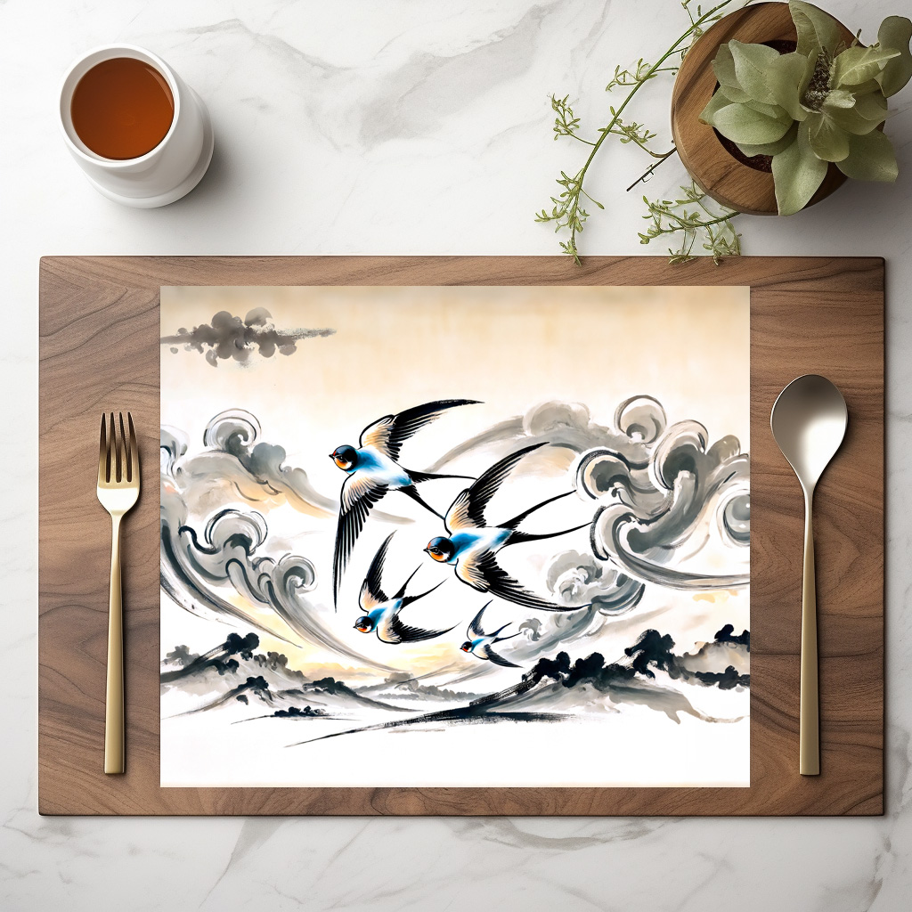raxxa Premium-Tischset: Swallows Soaring Through the Sky in Chinese Ink Painting