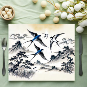 raxxa Premium-Tischset: Swallows Soaring Through the Sky in Chinese Ink Painting